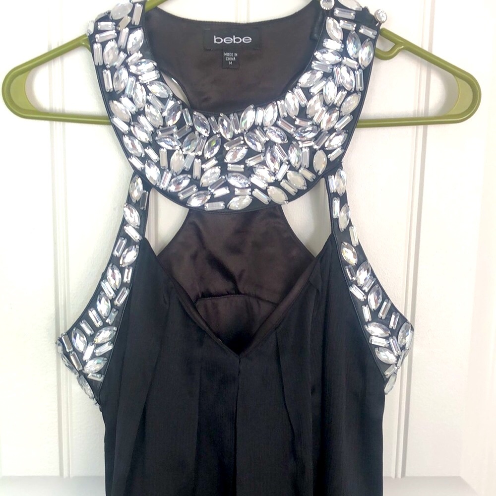 Black babydoll dress with rhinestone bejeweled collar detail